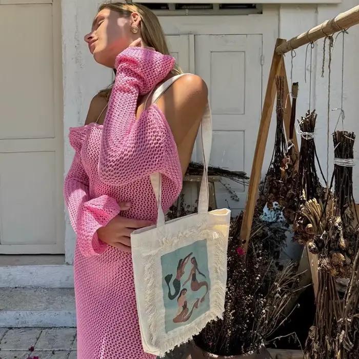 Robe de plage cache-maillot de bain, nouvelle collection été 2026, couleur unie, sexy, tricotée avec fentes irrégulières et dos nu