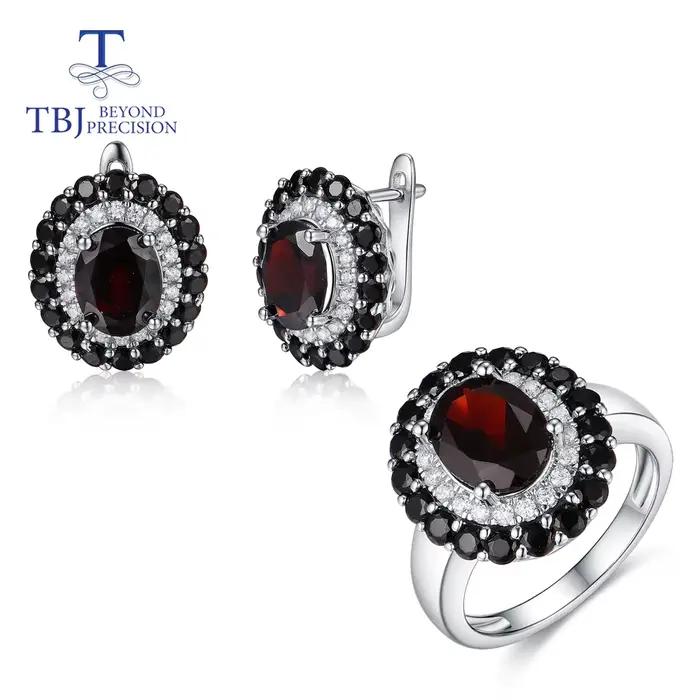 TBJ-Ensemble bague et boucles d'oreilles en argent regardé 925 pour femme, pierre précieuse grenat noir naturel, bijoux fins, fête et tenue quotidienne, nouveau style