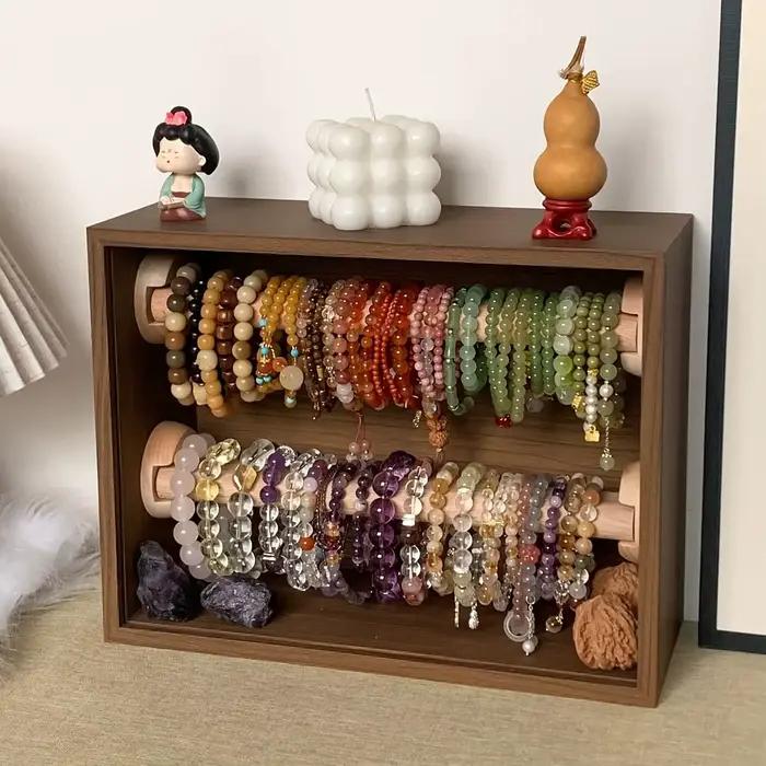 1 pièce : Meuble de rangement rétro double couche en bois massif pour bracelets, présentoir de bureau anti-poussière pour bijoux, bracelets Wenwan et en cristal