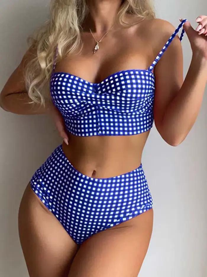 Bikinis taille haute 2026 pour femmes, maillots de bain imprimés à carreaux, maillots de bain sexy à bretelles pour femmes, maillots de bain rembourrés, tenues de plage