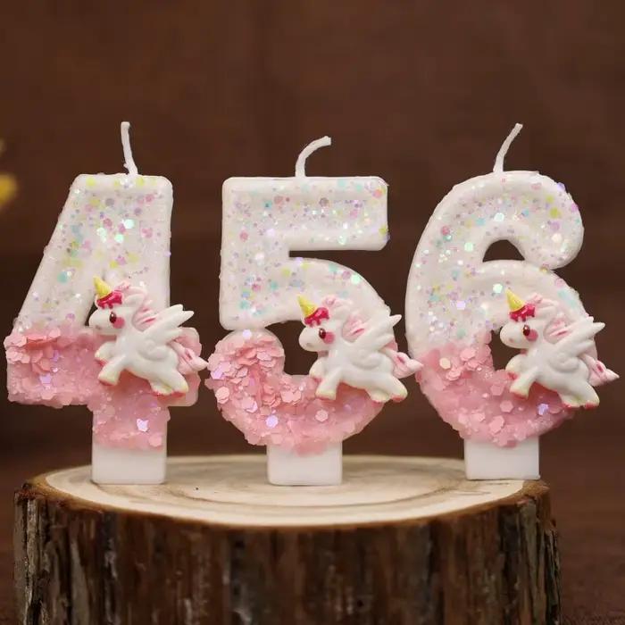 Bougies joyeux anniversaire licorne rose, décoration de bébé de 4 ans pour gâteau, bougie d'anniversaire à paillettes, décoration de fête d'anniversaire