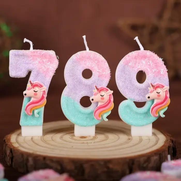 Bougies numériques licorne de dessin animé 0-9 pour la décoration de gâteaux d'anniversaire d'enfants, accessoires d'ambiance pour fêtes, bougies à thème amusantes