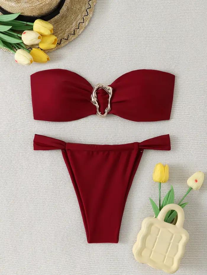 Bikinis bandeau et string 2026 pour femme, maillot de bain sexy uni rembourré, tenue de plage