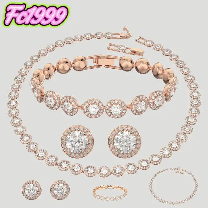 Ensemble de bijoux rond en or rose S925, boucles d'oreilles, bracelet, collier uniques, pour tous les jours, les fêtes et les banquets.