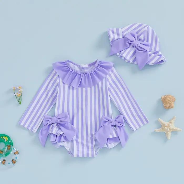 Maillot de bain pour bébés filles, Bikini à nœud rayé avec chapeau, maillot de bain pour nouveau-né, pour le bain d'été