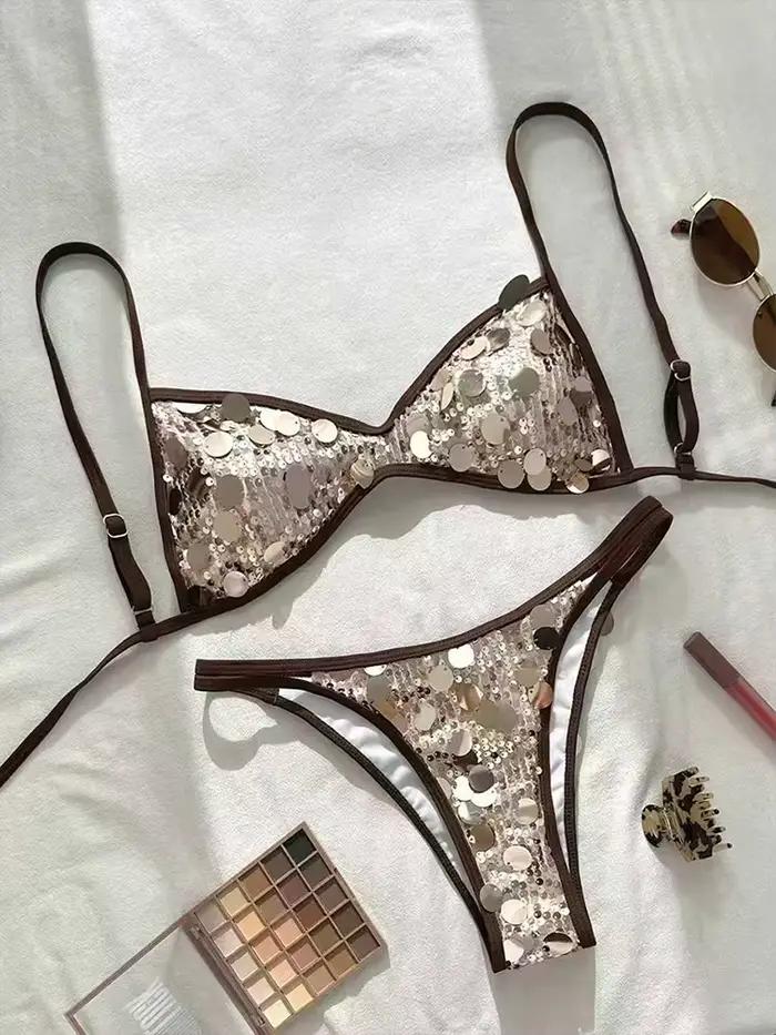 Maillot de bain femme deux pièces, ensemble bikini échancré, maillot de bain tendance, paillettes scintillantes, bikini dos nu