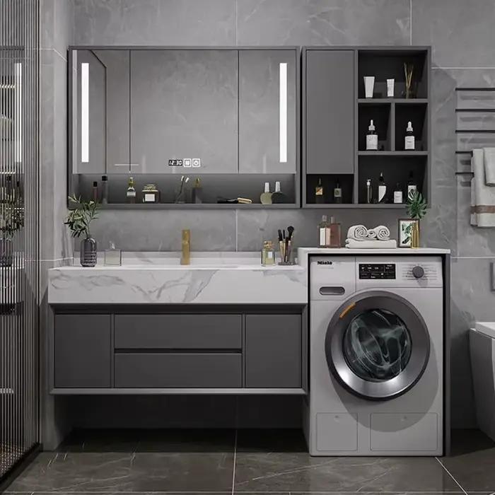 Meuble de salle de bain avec miroir lumineux, étagère murale de style nordique européen, meuble-lavabo avec tiroirs, meuble de toilette de luxe
