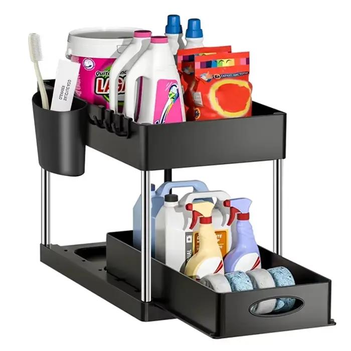 Organisateur sous évier pour cuisine et salle de bain, panier de rangement coulissant à 2 niveaux, étagère polyvalente avec accessoires de suspension pour tasses et crochets