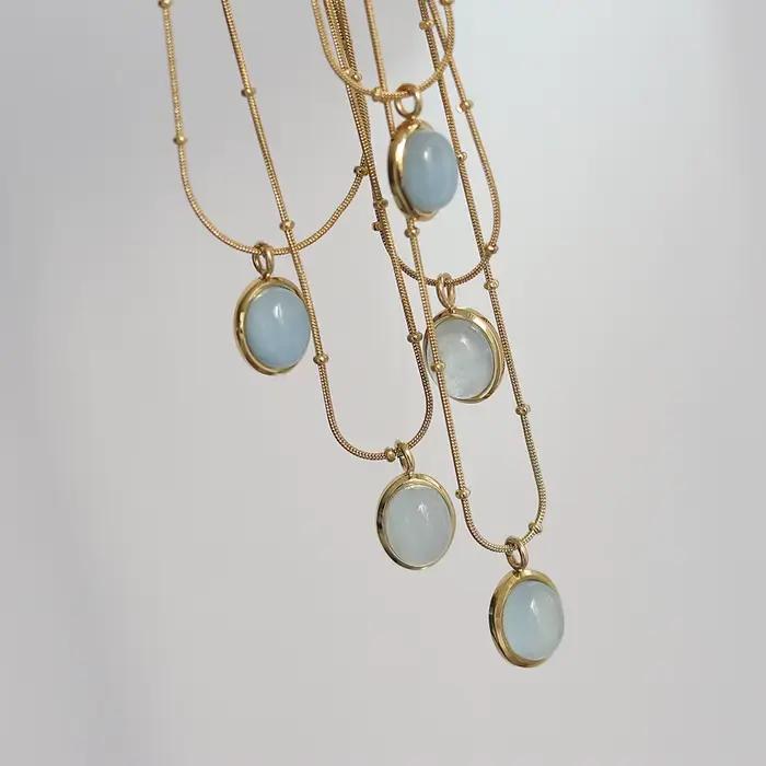 Amaiyllis naturel aigue-marine pierre ovale pendentif collier minimaliste délicat