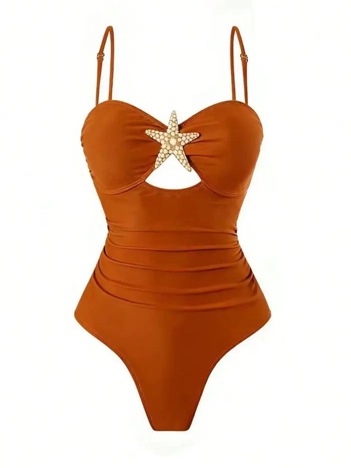 Ensemble de maillots de bain vintage à imprimé floral orange pour femme, maillot de bain une pièce avec motif étoile de mer évidé et contrôle du ventre, idéal pour les vacances