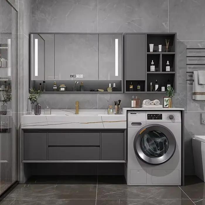 Meuble de salle de bain avec miroir lumineux, étagère murale de style nordique européen, meuble-lavabo avec tiroirs, meuble de toilette de luxe