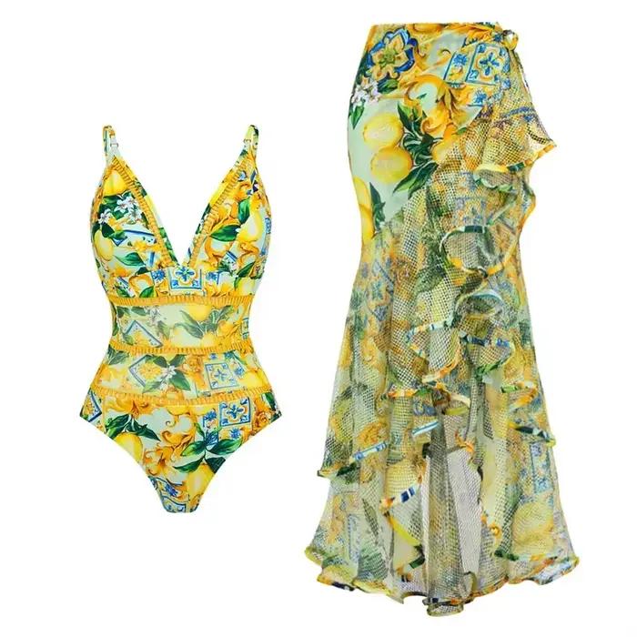 Maillot de bain une pièce, col en v, épissure en dentelle, imprimé citron, transfrontalier, populaire, ensemble pour femmes, à la mode et élégant, nouvelle collection 2024