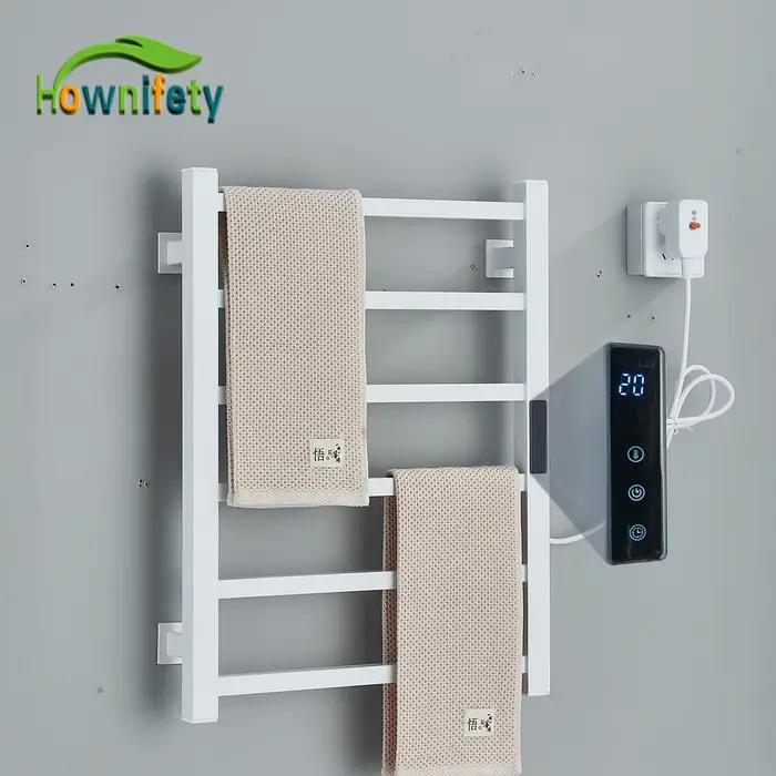 Sèche-serviettes électrique thermostatique blanc/noir pour salle de bain avec affichage numérique tactile, chauffage rapide IPX4, barre porte-serviettes en aluminium