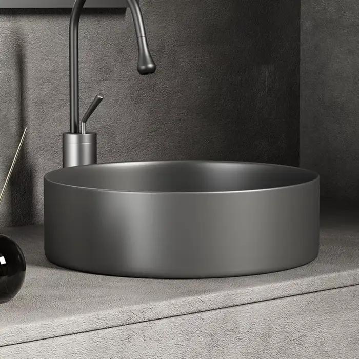 Lavabo de salle de bain moderne en céramique : blanc/gris foncé, finition mate, diamètre 36 cm/14 pouces, adapté à la vanité de salle de bain (sans robinet)