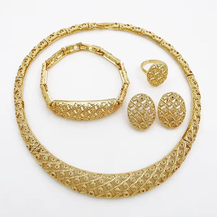 Ensemble de bijoux de Dubaï pour femme, collier, boucles d'oreilles, bracelet, bague, design de luxe, cadeau de fête de mariage, qualité minimaliste