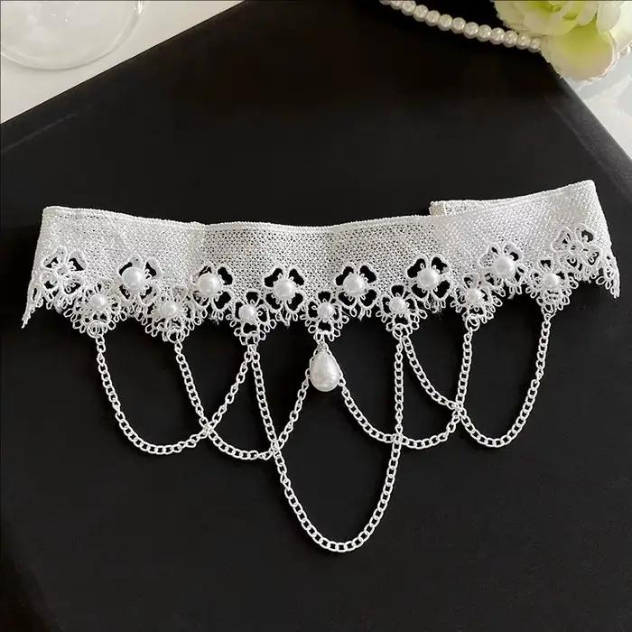 Nouveaux colliers ras-du-cou en dentelle blanche imitation perle pour femmes, collier ras-du-cou avec pendentif en dentelle à pampilles style tatouage, bijoux de mariée