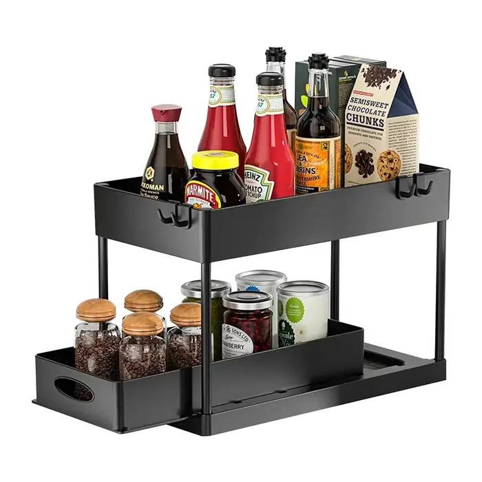 Organisateur sous évier pour cuisine et salle de bain, panier de rangement coulissant à 2 niveaux, étagère polyvalente avec accessoires de suspension pour tasses et crochets