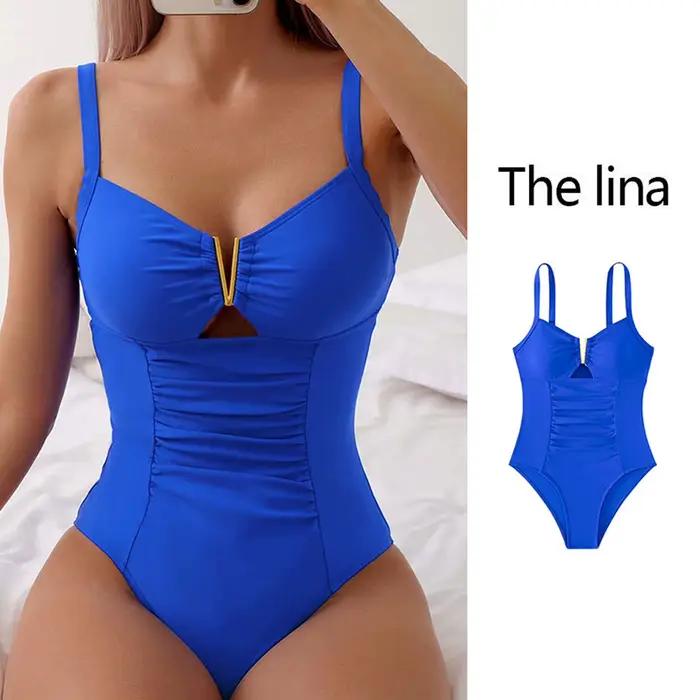 Maillot de bain une pièce à col en v pour femmes, élégant, Monokini plissé, vêtements de plage avec tissu à séchage rapide, couleur unie