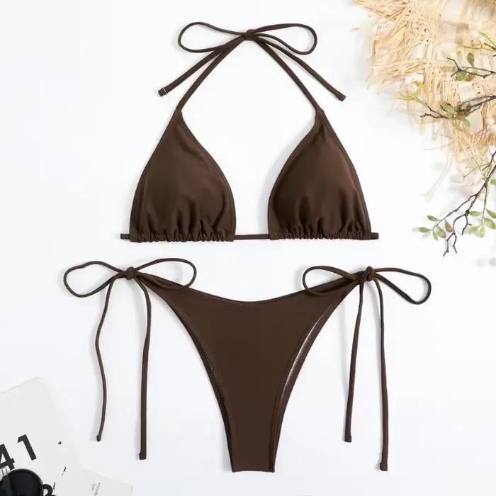 Sexy femmes string couleur unie Bikini ensemble côté licou cravate maillot de bain dames sangle fendue réglable maillot de bain brésilien maillots de bain