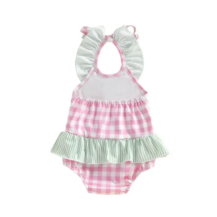 0-24M nouveau-né bébé fille maillot de bain Plaid pastèque brodé cravate sans manches à volants maillot de bain maillots de bain décontractés