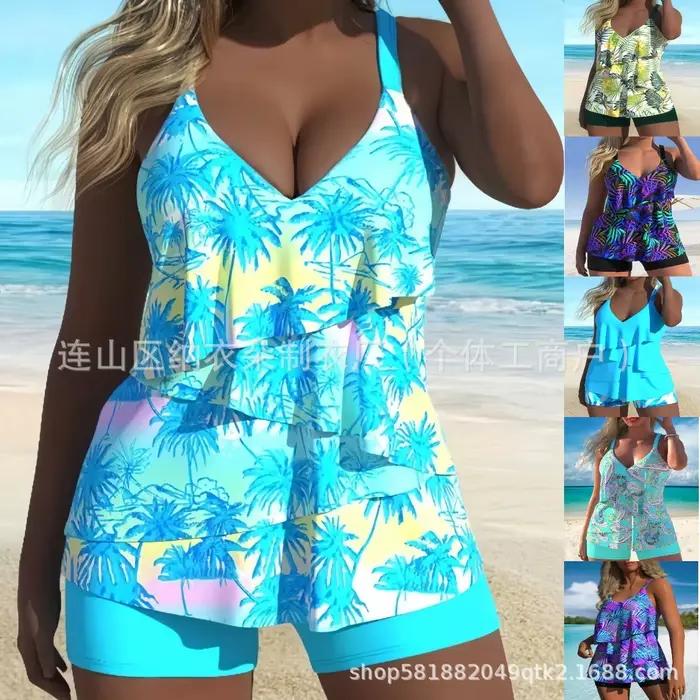 Tankini femme avec short, haut sans manches à col en V, bleu uni, maillot de bain deux pièces taille haute