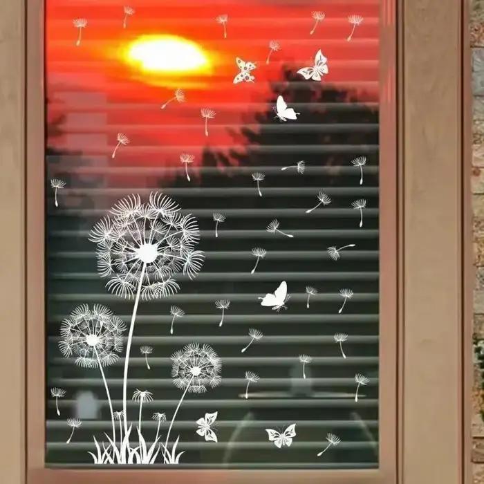 Nouveau papier peint de décoration de noël pour la maison, autocollant mural électrostatique blanc pissenlit papillon, fenêtre en verre, décalcomanies à motif Double face
