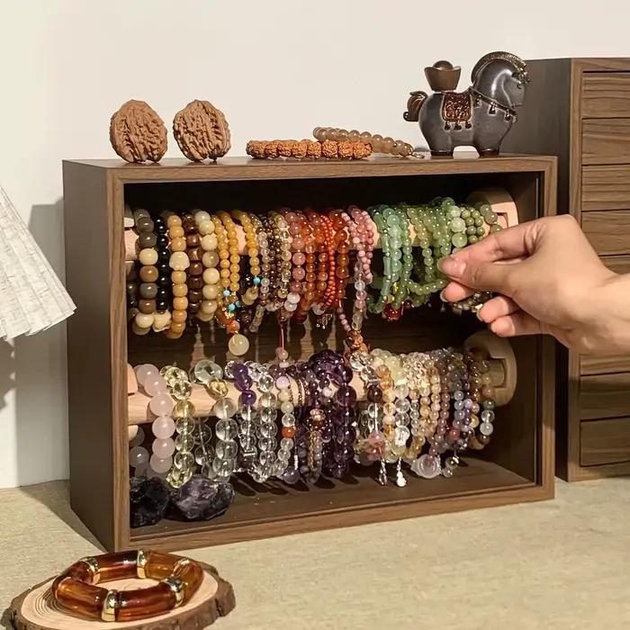 1 pièce : Meuble de rangement rétro double couche en bois massif pour bracelets, présentoir de bureau anti-poussière pour bijoux, bracelets Wenwan et en cristal