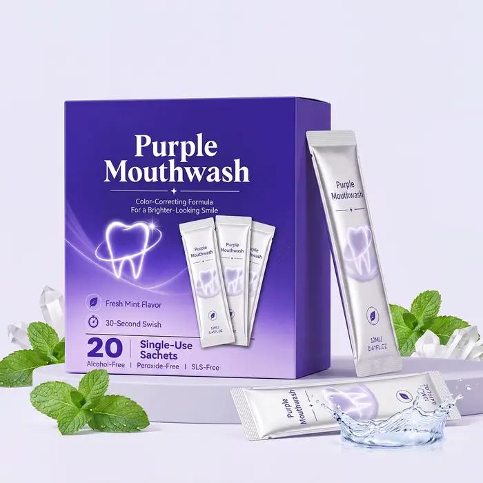 Sachets de bain de bouche violets de 12 ml sans alcool, menthe fraîche, pour voyage, rafraîchissement de l'haleine, nettoyant buccal jetable
