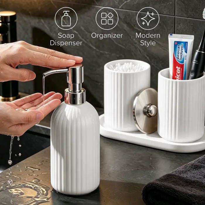 Ensemble d'accessoires de salle de bain mats, organisateur de style farmhouse avec distributeur de savon, pot à coton-tiges, porte-brosse à dents et plateau pour lavabo