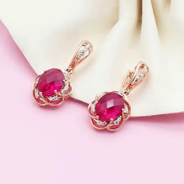 Boucles d'Oreilles promenales Incrustées d'Or Rose 14K pour Femme, Plaqué Or Violet, Fleur d'Afrène, Luxe, Mode Exquise, Cadeau de Bijoux de Mariage, 585