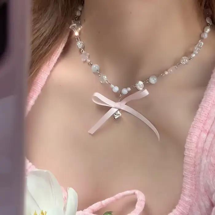 Chapelet coeur arc Fairycore perles tour de cou rose dentelle collier Y2K Pixie Fairycore Cottagecore collier bijoux accessoires cadeau