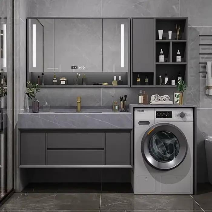 Meuble de salle de bain avec miroir lumineux, étagère murale de style nordique européen, meuble-lavabo avec tiroirs, meuble de toilette de luxe