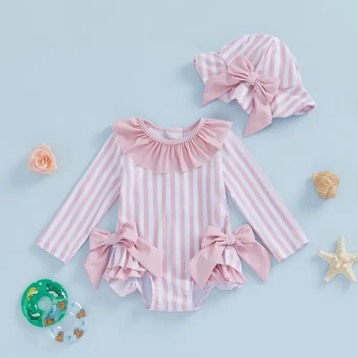 Maillot de bain pour bébés filles, Bikini à nœud rayé avec chapeau, maillot de bain pour nouveau-né, pour le bain d'été