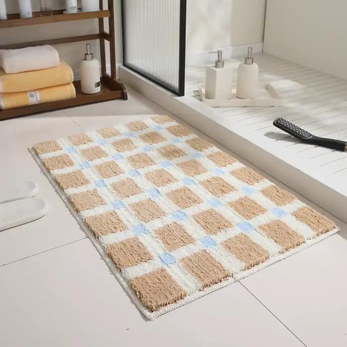 VIKAMA Tapis de salle de bain à carreaux vert et blanc, patchwork tricolore, motif géométrique, tapis antidérapant pour salle de bain, décoration de la maison