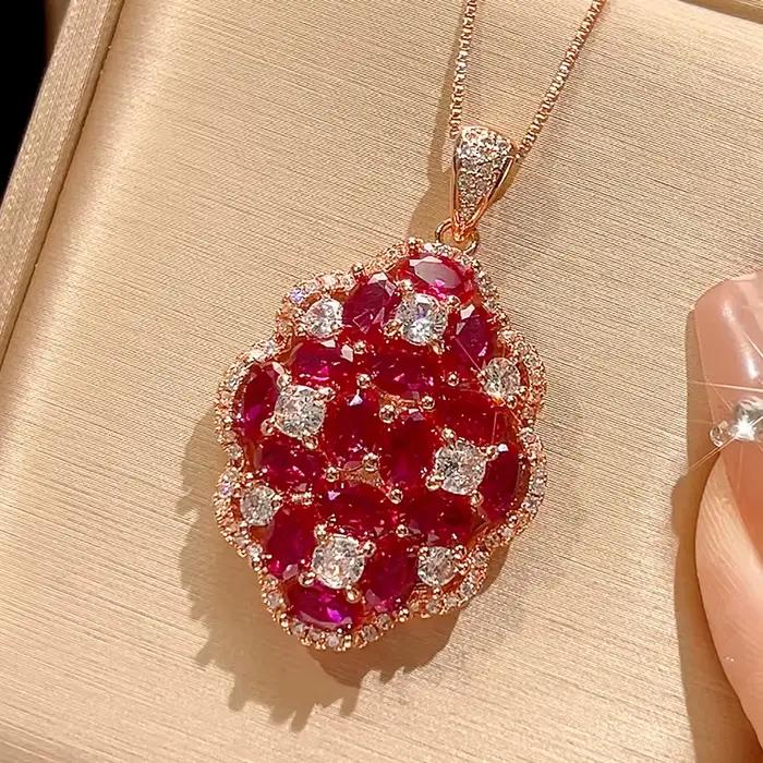 Bijoux en Zircon rubis rouge or Rose, Vintage, forme florale, anneau réglable, pendentif, collier, déclaration pour femmes, cadeau de fête de mariage