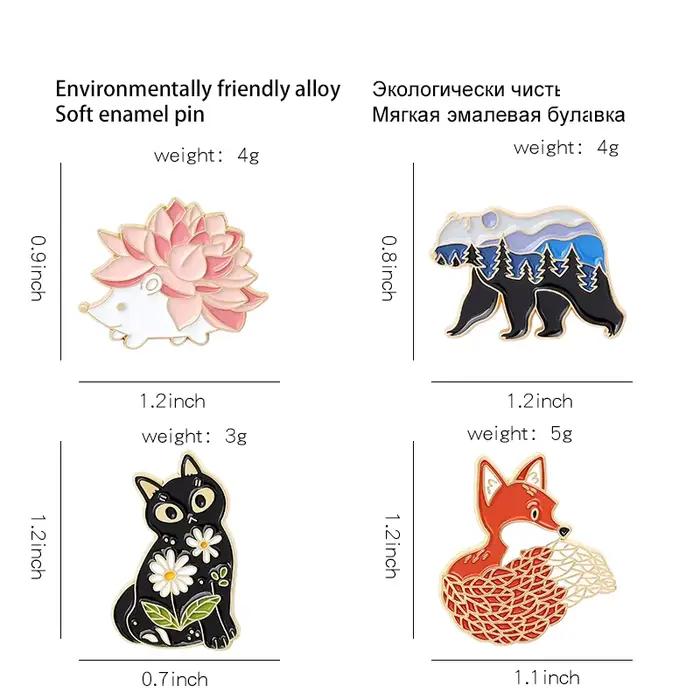 Paysage fleur tatouage animaux émail broche hérisson renard ours chat revers Badges dessin animé broches cadeaux pour amis bijoux en gros