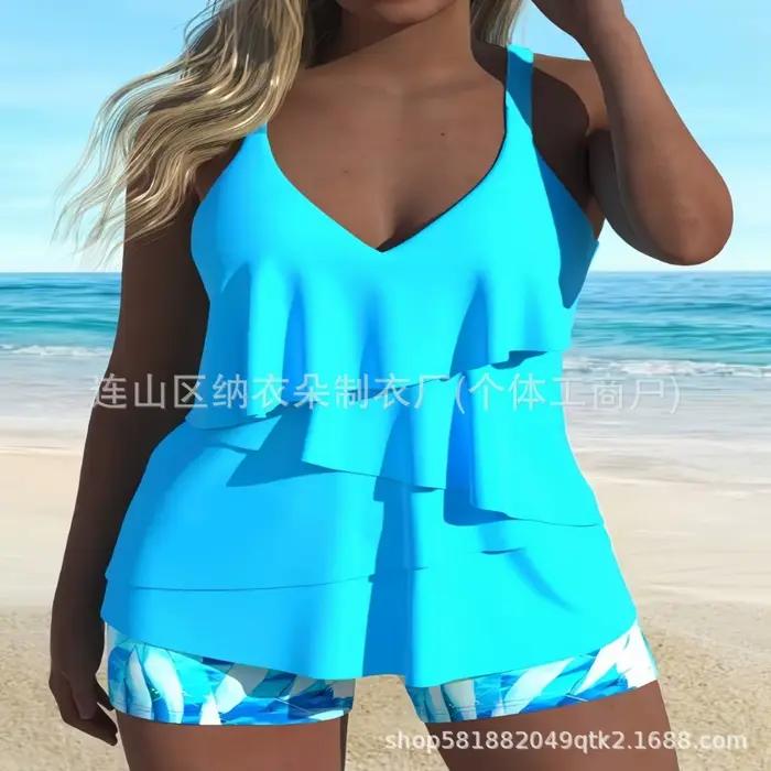Tankini femme avec short, haut sans manches à col en V, bleu uni, maillot de bain deux pièces taille haute