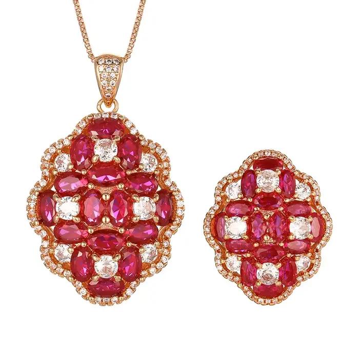 Bijoux en Zircon rubis rouge or Rose, Vintage, forme florale, anneau réglable, pendentif, collier, déclaration pour femmes, cadeau de fête de mariage