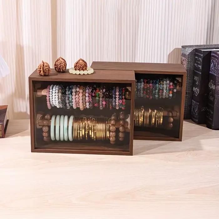 1 pièce : Meuble de rangement rétro double couche en bois massif pour bracelets, présentoir de bureau anti-poussière pour bijoux, bracelets Wenwan et en cristal