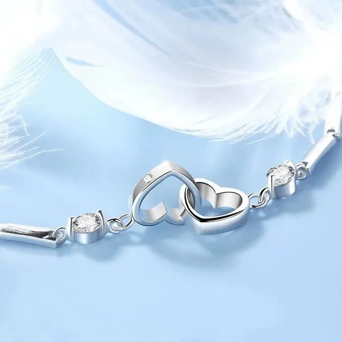 Bracelets en argent Sterling 925 pour femmes, breloques, cadeau de saint-valentin, Zircon cubique, Double cœur, bijoux, nouvelle collection
