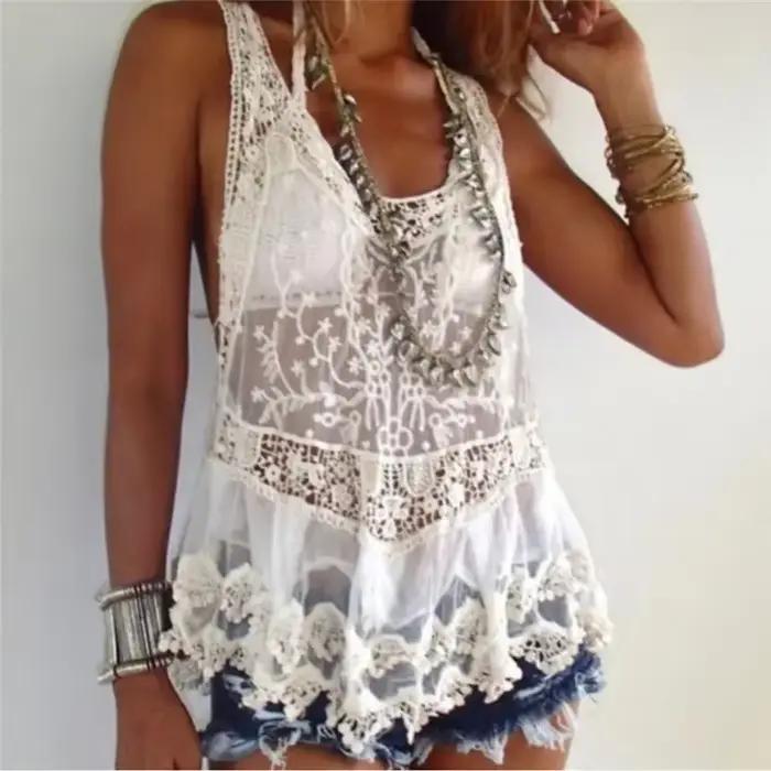 Tunique blanche sexy sans manches pour femmes, cover up pour bikini, blouse décontractée, vêtements de plage, été