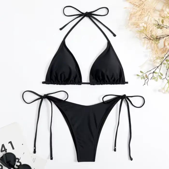 Sexy femmes string couleur unie Bikini ensemble côté licou cravate maillot de bain dames sangle fendue réglable maillot de bain brésilien maillots de bain