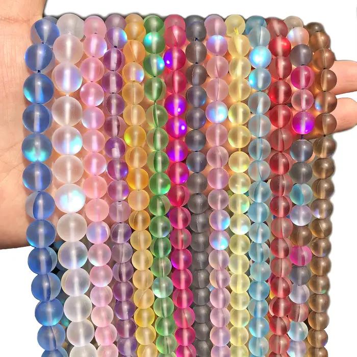 Perles en verre cristal mat, pierre de lune givrée, scintillantes, rondes, pour la fabrication de bijoux, collier, bracelet, 15''