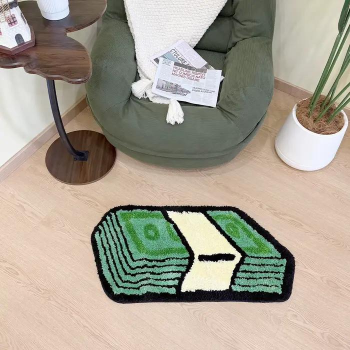 Tapis touffeté vert Dollar de dessin animé, tapis de salle de bain, paillasson d'entrée, sol antidérapant, décoration esthétique pour la maison
