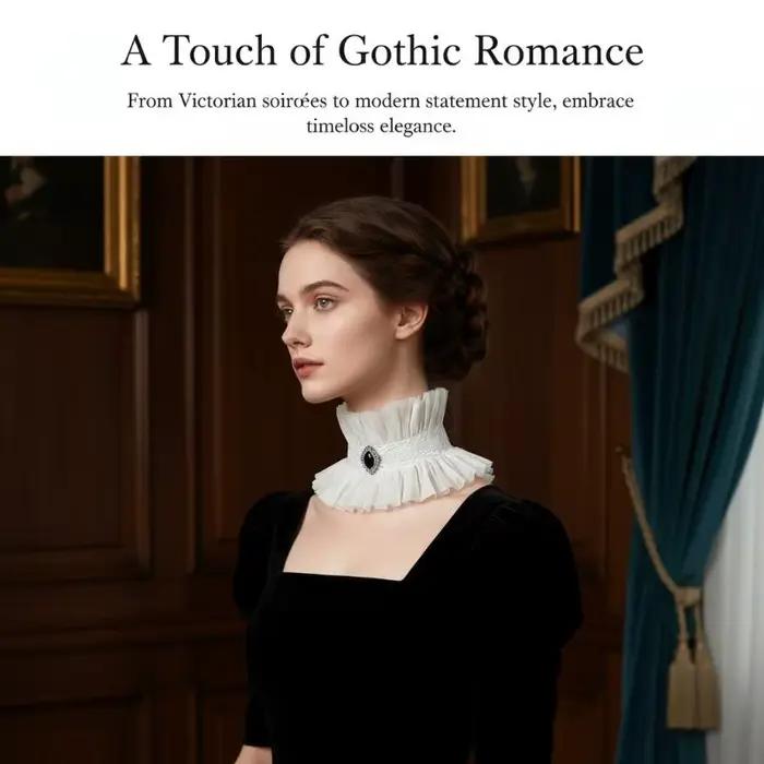 Collier de cou gothique à volants, style victorien noir et blanc, col jabot en dentelle décoré de pierres précieuses, pour cosplay et soirées costumées