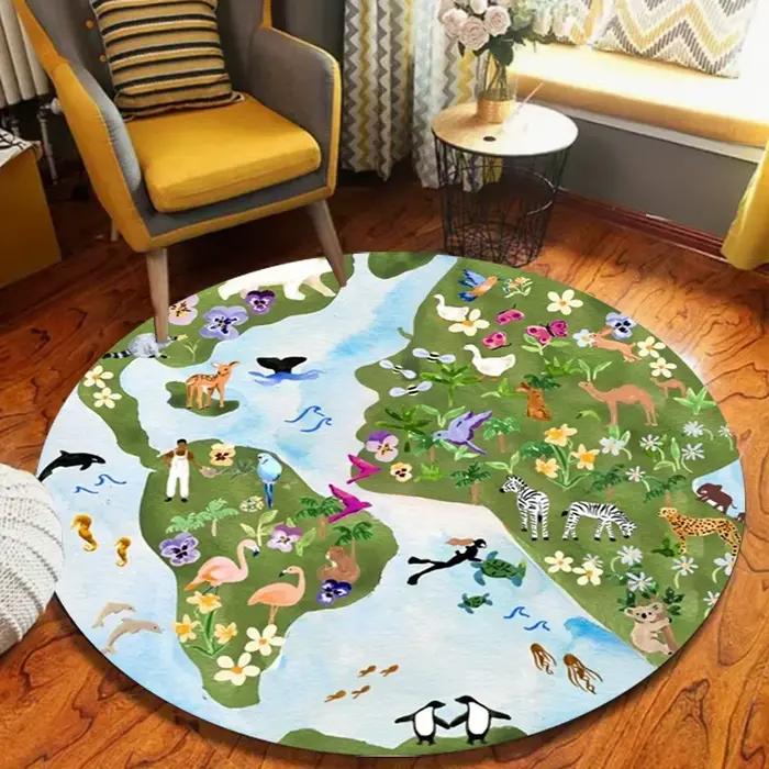 Tapis éducatif pour enfants avec carte du monde ronde, antidérapant, doux, lavable, imprimé d'animaux, pour la crèche, la salle de jeux, la salle de classe