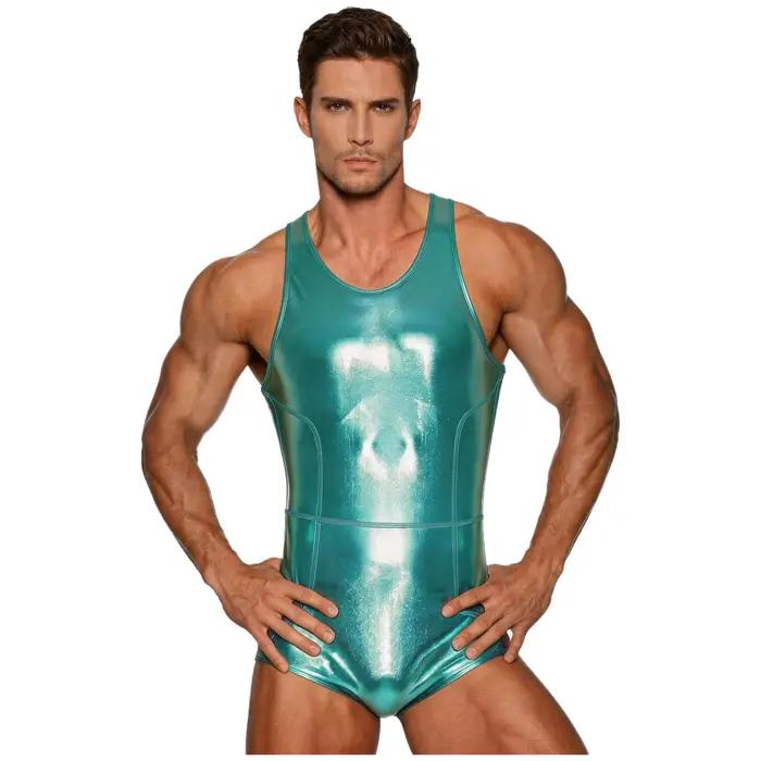 Maillot de bain une pièce pour homme, effet métallisé brillant, style short, sans manches, avec fermeture éclair au dos, pour la natation et les tenues de club