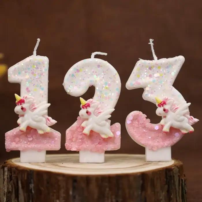 Bougies joyeux anniversaire licorne rose, décoration de bébé de 4 ans pour gâteau, bougie d'anniversaire à paillettes, décoration de fête d'anniversaire