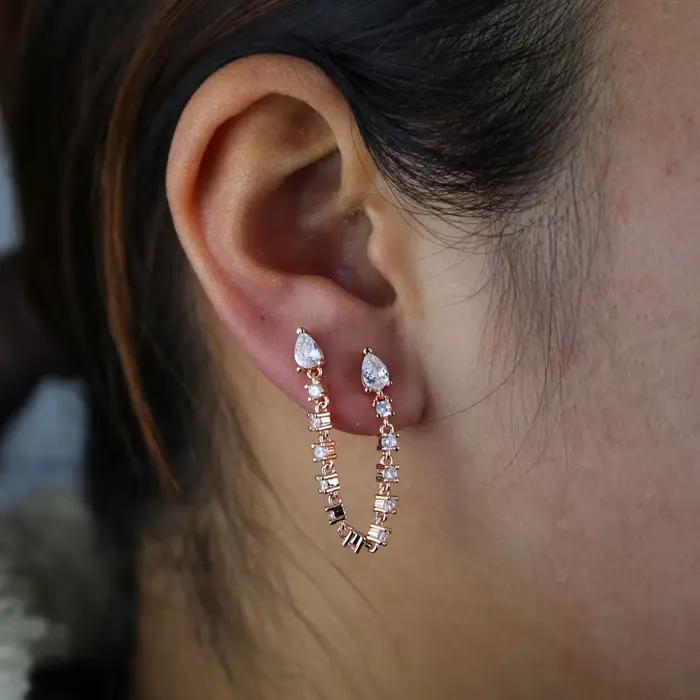 Boucle d'oreille double piercing pour femme, bijoux fantaisie pour fille, 5A Clear CZ Station Link, JOTassel Stud, 1 PC