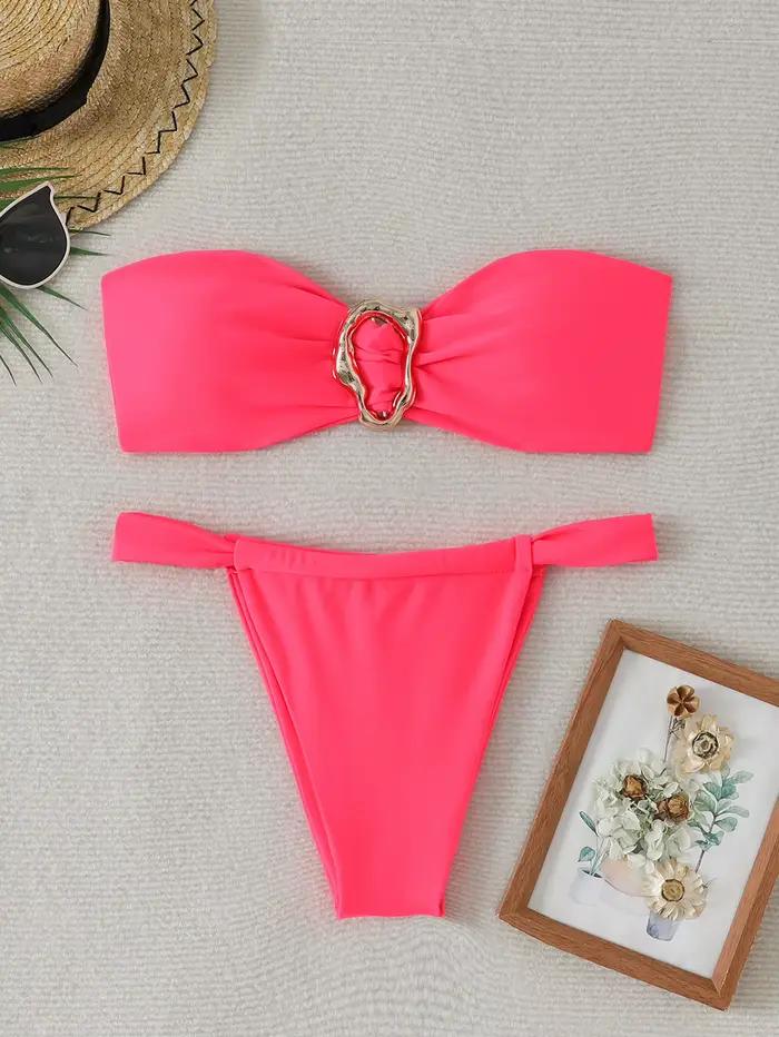 Bikinis bandeau et string 2026 pour femme, maillot de bain sexy uni rembourré, tenue de plage